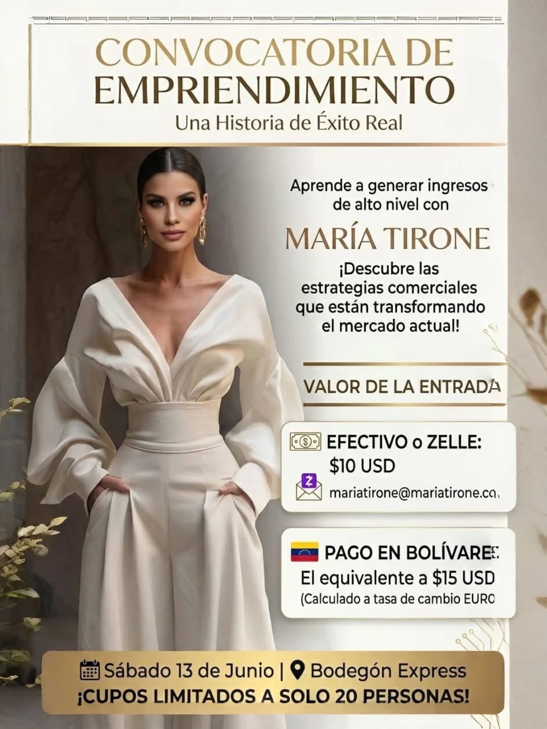 ✨ ¡EL FENÓMENO DEL ÉXITO MÍSTICO LLEGA A VALENCIA! ✨

El mundo de los negocios de alto nivel y el crecimiento personal se paralizan para recibir a una de las figuras más magnéticas e influyentes de la actualidad. La aclamada Coach Mística, escritora y líder empresarial María Tirone abrirá las puertas de su círculo exclusivo en un encuentro presencial único y transformador: "Convocatoria Farmasi:Mi Historia de Éxito / Expansión de Negocios".

Conocida internacionalmente por su increíble capacidad de conectar la espiritualidad con la alta facturación, María Tirone compartirá de primera mano las estrategias y el testimonio real que la han llevado a la cima. ¡No es una charla más, es una mentoría VIP inmersiva para solo 20 personas! 💎

Si eres un líder con visión de futuro, esta es tu oportunidad de oro para nutrirte de su experiencia, activar herramientas de desarrollo personal y descubrir cómo expandir tu carrera a nivel internacional.

📅 Sábado, 13 de junio de 2026
⏰ 10:00 a.m. a 12:00 p.m.
📍 Bodegón Express, Valencia
🎟️ Inversión: $15.00 USD por persona
☕ Incluye: Acceso exclusivo a la conferencia de María Tirone, material de apoyo, menú especial (opción dulce o salada), café y agua.

⚠️ PROCESO OBLIGATORIO DE RESERVA (Cupos Estrictamente Limitados)

1️⃣ Aparta tu ticket digital: Regístrate gratis en la plataforma Eventbrite ingresando al enlace de nuestra biografía (o pídelo al DM).
2️⃣ Valida tu pase (Lapso de 24 horas): Confirma tu asistencia realizando el pago de la inversión a través de los canales oficiales:

💵 Zelle: mariatirone@mariatirone.com

📱 Pago Móvil: Banco Banesco | C.I. 6.087.890 | Teléfono: 0414-4329870 (A tasa Euro BCV)

💳 PayPal: mariatirone1962@gmail.com (Añadir $1.00 USD por comisión)
3️⃣ Reporta tu pago: Envía el comprobante vía WhatsApp al 0414-4329879 para recibir tu pase de acceso definitivo.

Nota: Los cupos no validados en 24 horas se liberarán automáticamente para la lista de espera.

Te Invita 👁️⚡
@farmasi.venezuela
@lalocuracom
@mariatironecoachmistico
@mariatironebeauty_influencer
@madeinvenezuelaag

#Liderazgo #MariaTirone #ExpansionDeNegocios #Valencia #emprendedores