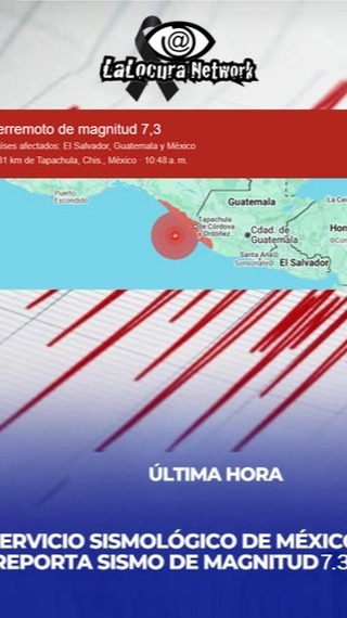 🚨 TERREMOTO DE MAGNITUD 7.3 SACUDE EL SUR DE MÉXICO 🚨

Un fuerte terremoto de magnitud preliminar 7.3 se registró este viernes frente a la costa de Chiapas, México. El evento generó una alerta de tsunami por posibles variaciones en el nivel del mar y riesgo de oleaje peligroso en un radio de 300 kilómetros.

El impacto del movimiento fue tan intenso que obligó a realizar evacuaciones preventivas en Guatemala y se sintió con fuerza en El Salvador. Actualmente, el gobierno mexicano se encuentra evaluando la situación, aunque en los primeros reportes no se constatan daños graves.

A nivel local el evento no tuvo repercusión; en Venezuela no se sintió y solo se mantiene el monitoreo de la noticia internacional.

📍 Epicentro: A 71 km de Puerto Madero, Chiapas.
⚠️ Réplicas: Se han registrado réplicas de 4.7 y 5.3.

#Terremoto #Mexico #Chiapas #Noticias #Internacionales #AlertaDeTsunami #Guatemala #ElSalvador #UltimaHora