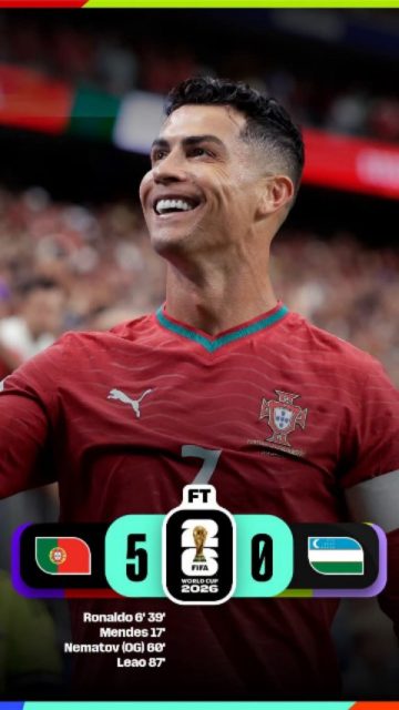¡Historia pura en la Copa del Mundo! 🐐👑

Este 23 de junio, Cristiano Ronaldo volvió a demostrar por qué es una leyenda viviente. 🇵🇹 Portugal aplastó 5-0 a Uzbekistán 🇺🇿 y, con un espectacular doblete, el "Bicho" agiganta su legado: ¡se convierte en el PRIMER y ÚNICO jugador en la historia en marcar en seis mundiales diferentes! ⚽🤯

El tiempo pasa, pero su instinto goleador sigue intacto. ¡Simplemente inagotable, CR7! 🙌✨

#Mundial2026 #CR7 #CristianoRonaldo #Portugal #fifaworldcup
